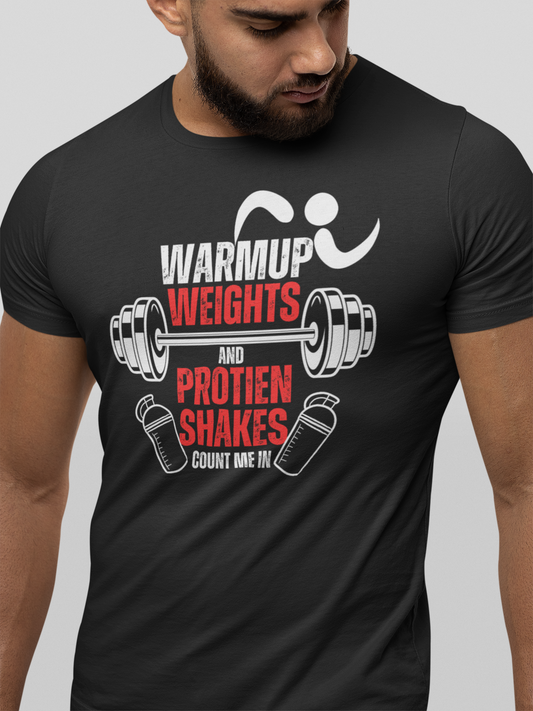 Warmup Weights and Protein Shakes - Premium Cotton T-Shirt Unisex